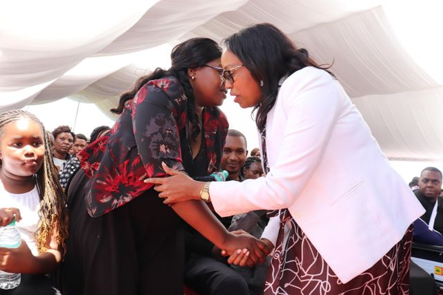 Governor Susan Kihika condoles with Pipeline family as they lay to rest seven of their kin who died in a road crash